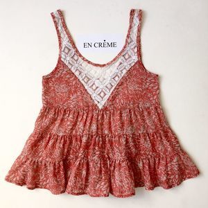 En Creme, Nordrom, Tiered Bohemian Floral & Lace Sleeveless Top, Tank, Small